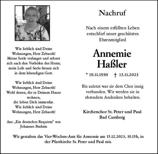 Traueranzeige von Annemie Haßler von Camberger Anzeiger