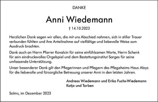 Traueranzeige von Anni Wiedemann von Wetzlarer Neue Zeitung
