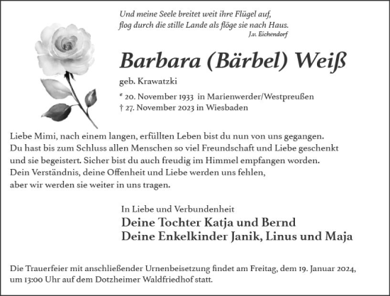 Traueranzeige von Barbara Weiß von Wiesbadener Kurier