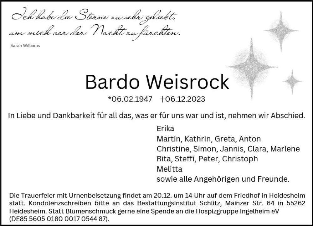  Traueranzeige für Bardo Weisrock vom 09.12.2023 aus Allgemeine Zeitung Bingen/Ingelheim