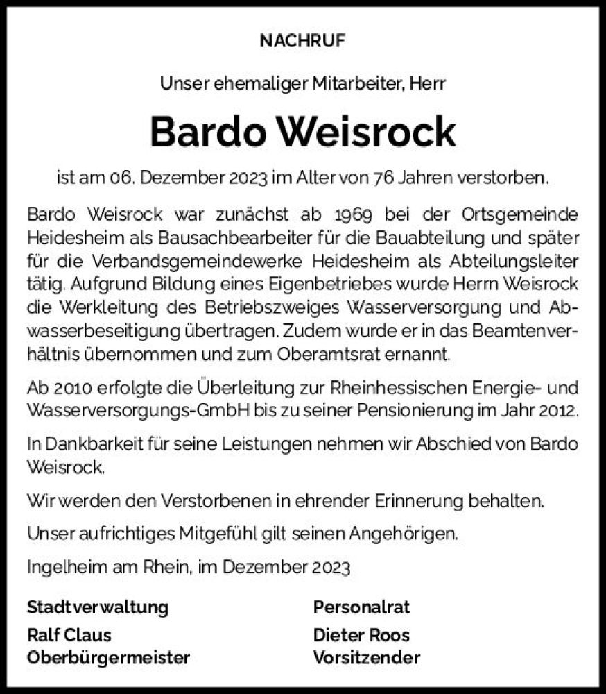  Traueranzeige für Bardo Weisrock vom 23.12.2023 aus Allgemeine Zeitung Bingen/Ingelheim