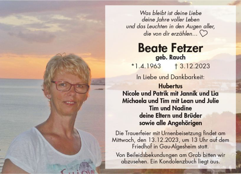  Traueranzeige für Beate Fetzer vom 09.12.2023 aus Allgemeine Zeitung Bingen/Ingelheim