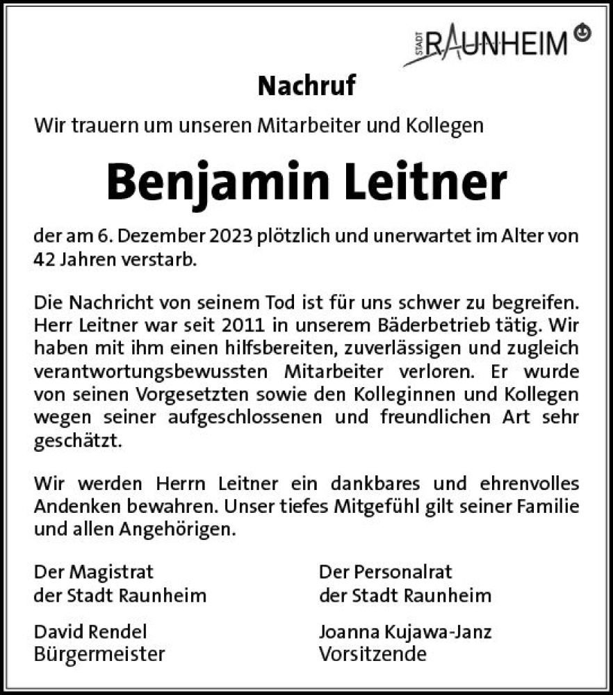  Traueranzeige für Benjamin Leitner vom 15.12.2023 aus Rüsselsheimer Echo