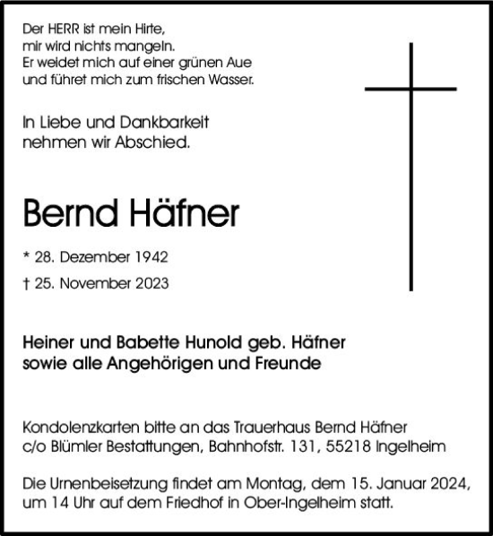 Traueranzeige von Bernd Häfner von Allgemeine Zeitung Bingen/Ingelheim