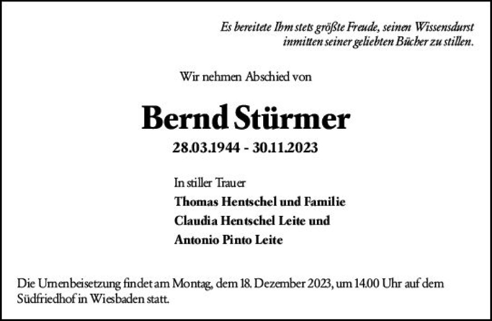  Traueranzeige für Bernd Stürmer vom 15.12.2023 aus Wiesbadener Kurier