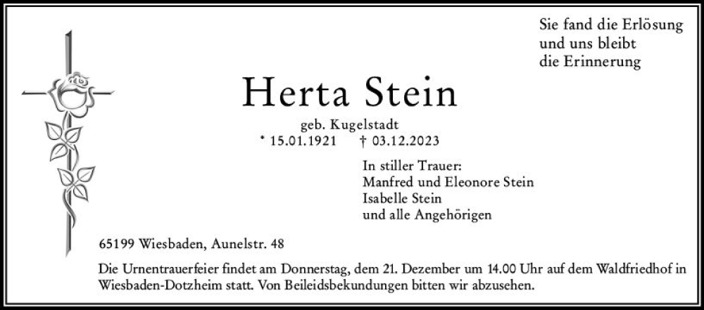  Traueranzeige für Berta Stein vom 16.12.2023 aus Wiesbadener Kurier