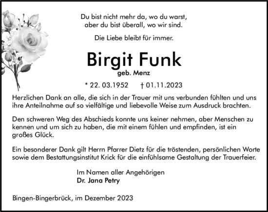 Traueranzeige von Birgit Funk von Allgemeine Zeitung Bingen/Ingelheim