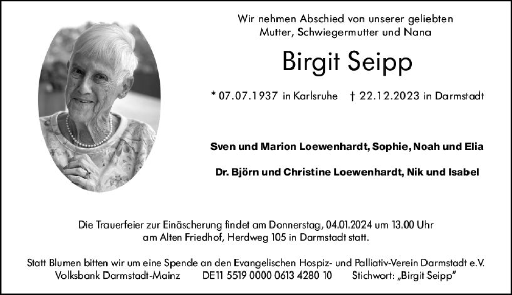  Traueranzeige für Birgit Seipp vom 30.12.2023 aus Darmstädter Echo
