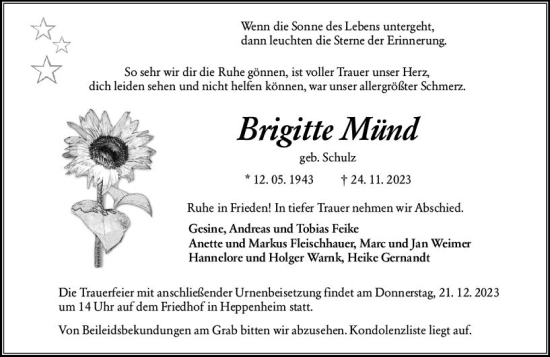 Traueranzeige von Brigitte Münd von Starkenburger Echo