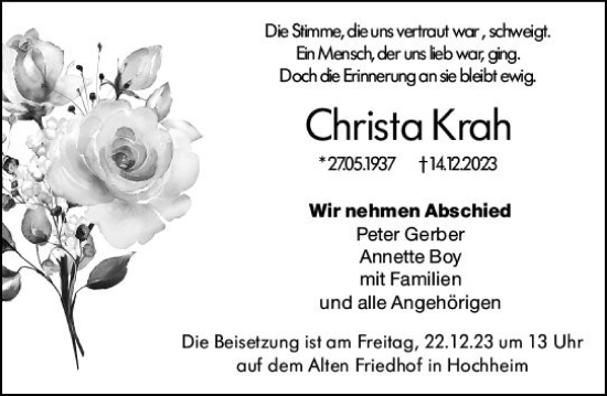 Traueranzeige von Christa Krah von Hochheimer Zeitung