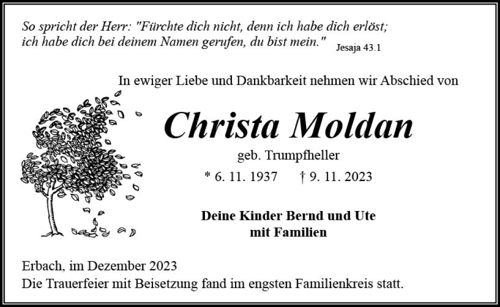  Traueranzeige für Christa Moldan vom 16.12.2023 aus Odenwälder Echo
