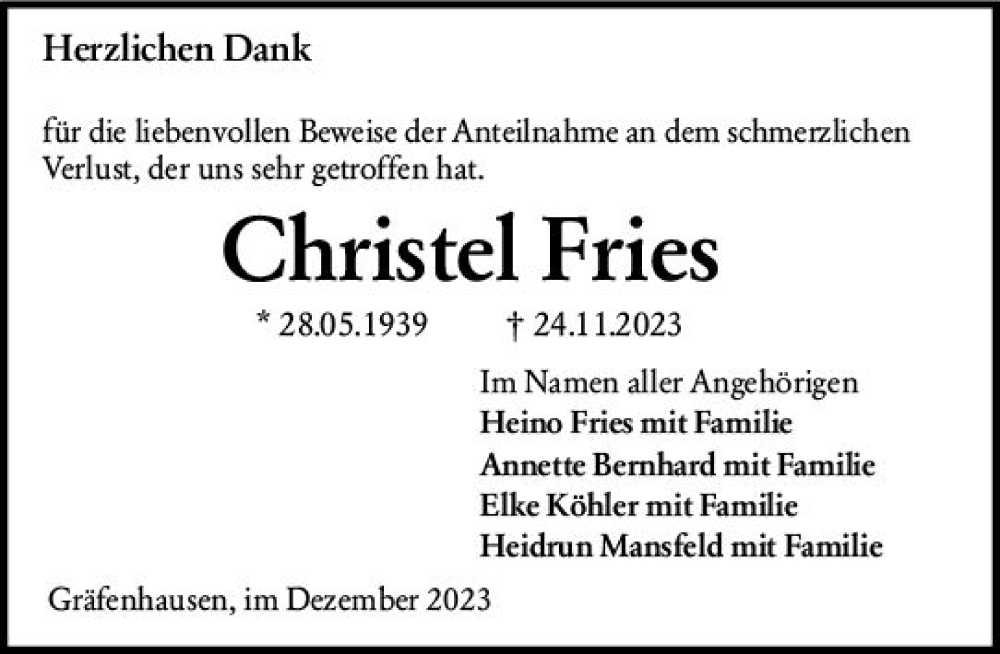  Traueranzeige für Christel Fries vom 30.12.2023 aus Darmstädter Echo