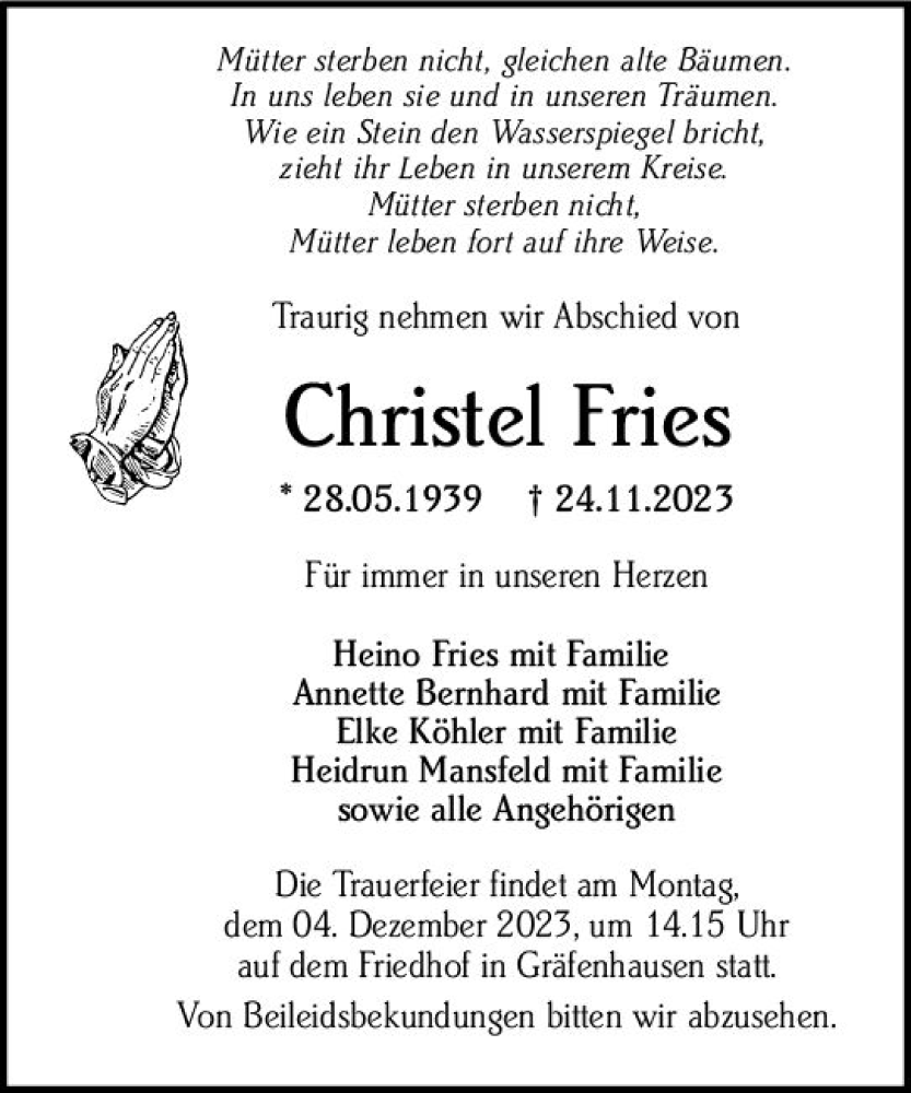  Traueranzeige für Christel Fries vom 02.12.2023 aus Darmstädter Echo