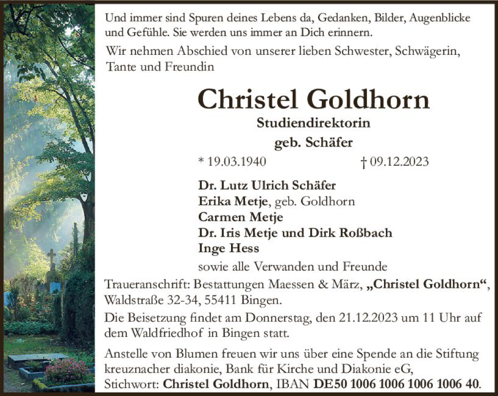  Traueranzeige für Christel Goldhorn vom 16.12.2023 aus Allgemeine Zeitung Bingen/Ingelheim