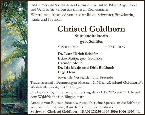 Traueranzeige von Christel Goldhorn von Allgemeine Zeitung Bingen/Ingelheim