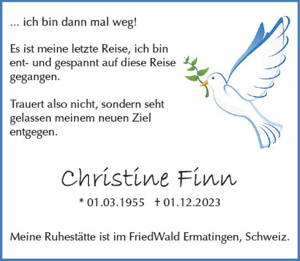  Traueranzeige für Christine Finn vom 09.12.2023 aus Odenwälder Echo
