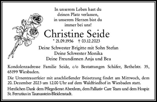 Traueranzeige von Christine Seide von Wiesbadener Kurier