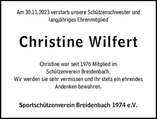 Traueranzeige von Christine Wilfert von Hinterländer Anzeiger