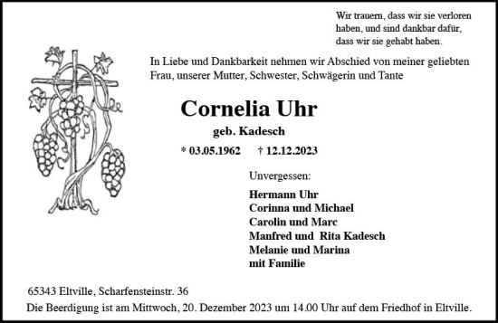 Traueranzeige von Cornelia Uhr von Rheingau Kurier