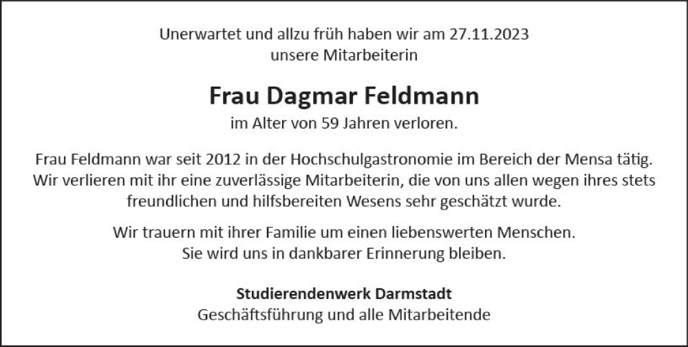  Traueranzeige für Dagmar Feldmann vom 04.12.2023 aus Darmstädter Echo