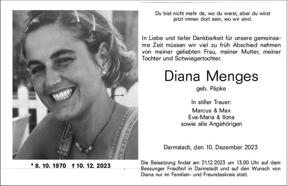  Traueranzeige für Diana Menges vom 16.12.2023 aus Darmstädter Echo