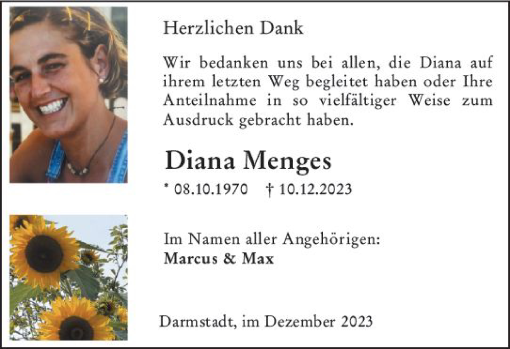  Traueranzeige für Diana Menges vom 30.12.2023 aus Darmstädter Echo