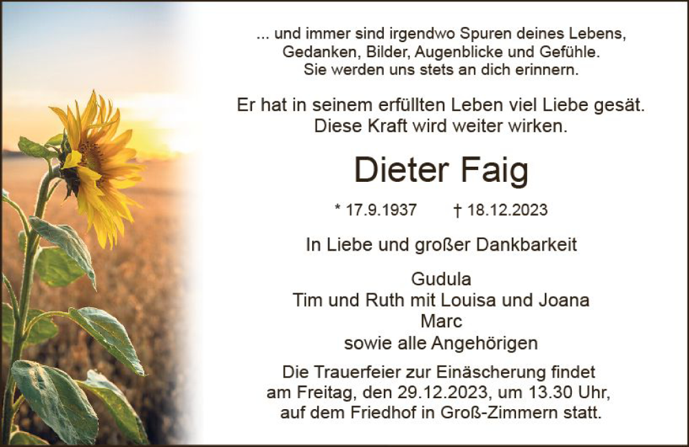  Traueranzeige für Dieter Faig vom 23.12.2023 aus Dieburger Anzeiger/Groß-Zimmerner Lokal-Anzeiger