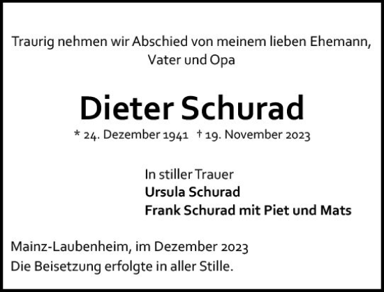 Traueranzeige von Dieter Schurad von Allgemeine Zeitung Mainz