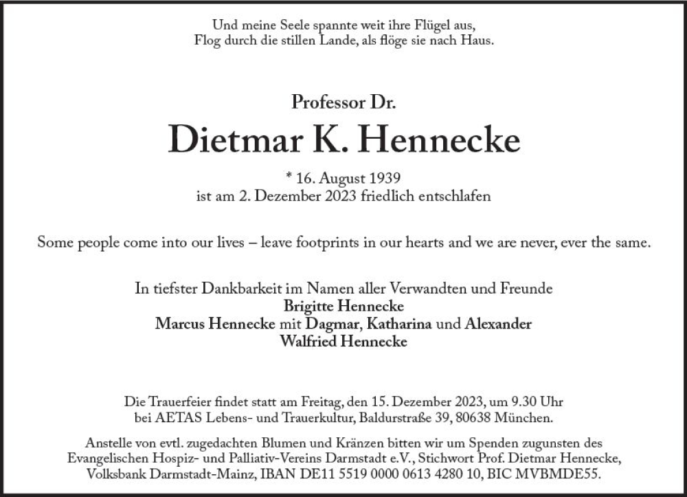  Traueranzeige für Dietmar K. Hennecke vom 09.12.2023 aus Darmstädter Echo