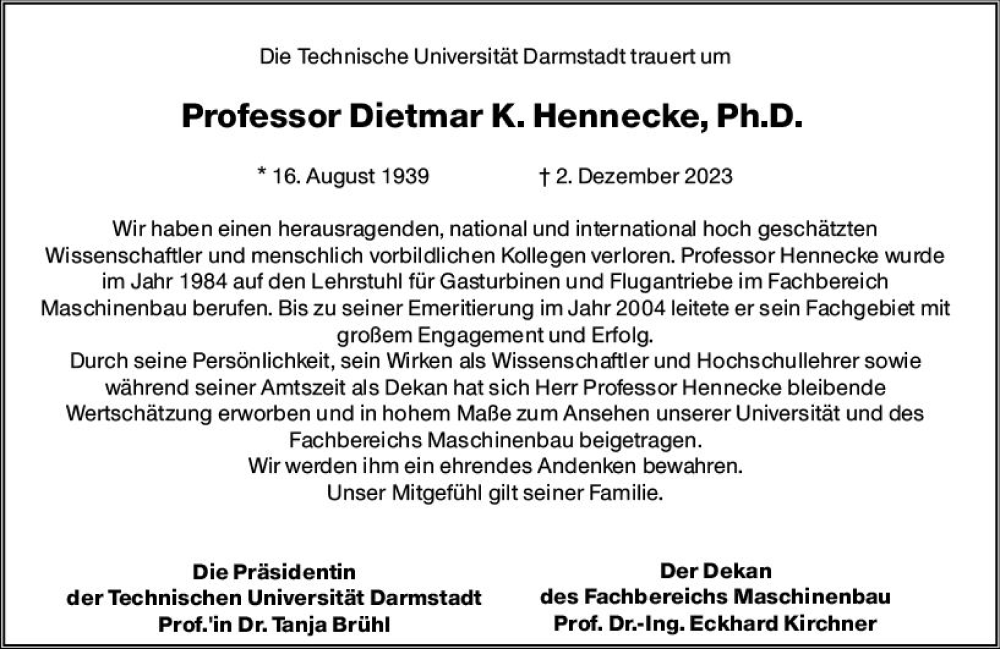  Traueranzeige für Dietmar K. Hennecke vom 09.12.2023 aus Darmstädter Echo