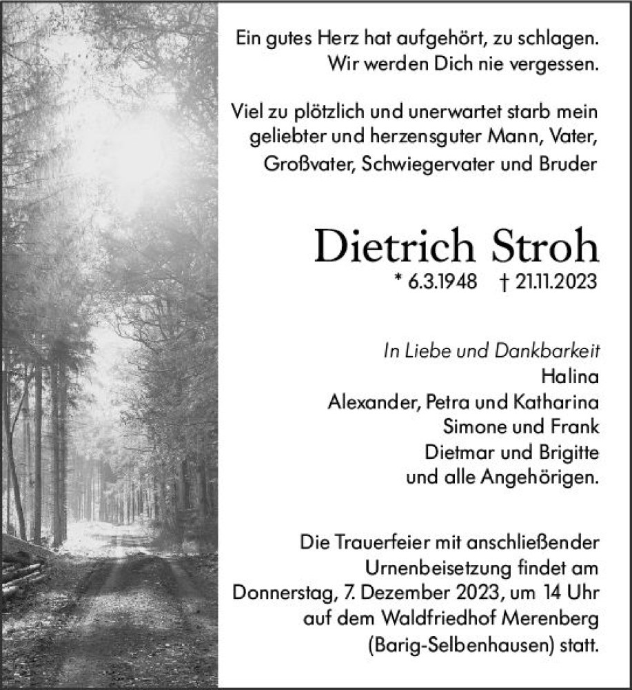  Traueranzeige für Dietrich Stroh vom 02.12.2023 aus Weilburger Tageblatt