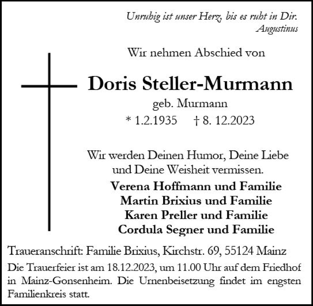  Traueranzeige für Doris Steller-Murmann vom 16.12.2023 aus Allgemeine Zeitung Mainz