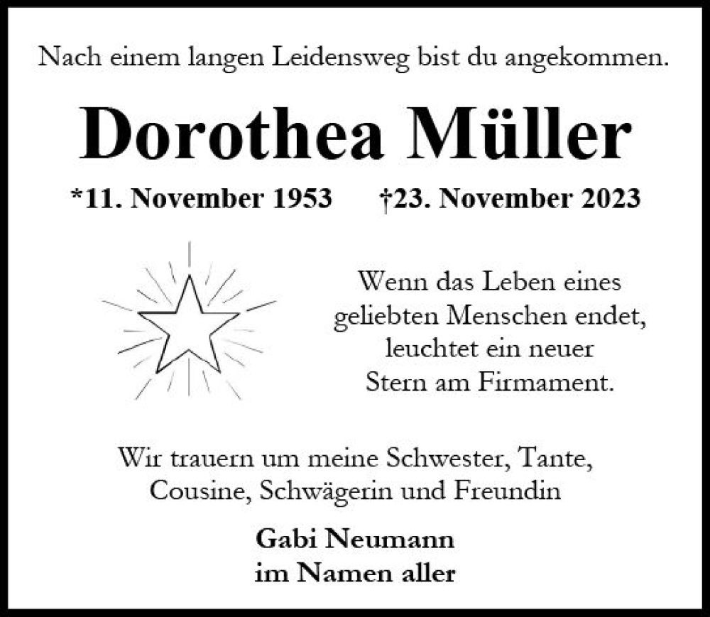  Traueranzeige für Dorothea Müller vom 02.12.2023 aus Wiesbadener Kurier