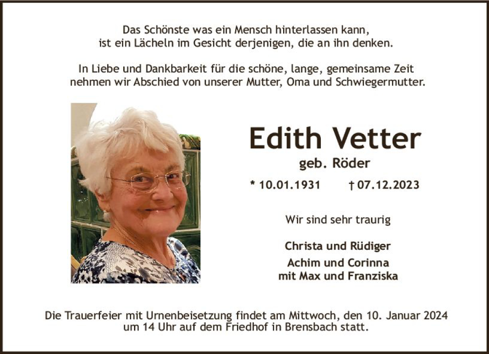  Traueranzeige für Edith Vetter vom 23.12.2023 aus Odenwälder Echo