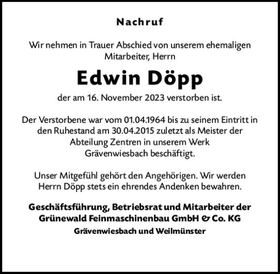 Traueranzeige von Edwin Döpp von Weilburger Tageblatt