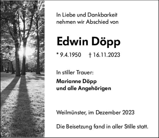 Traueranzeige von Edwin Döpp von Weilburger Tageblatt