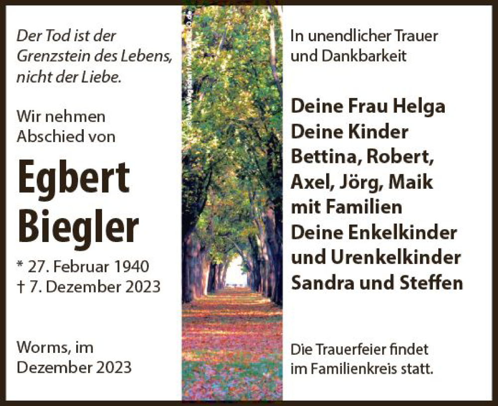  Traueranzeige für Egbert Biegler vom 16.12.2023 aus Allgemeine Zeitung Mainz