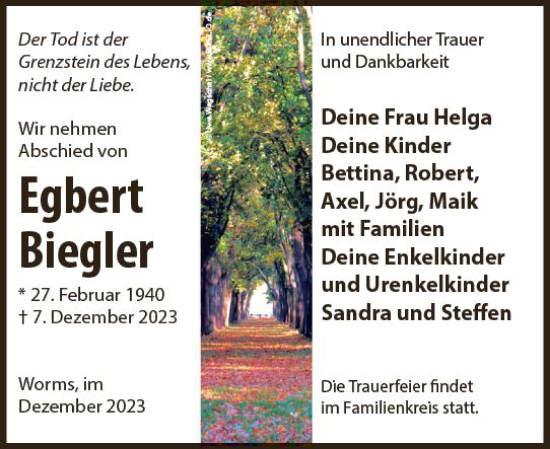 Traueranzeige von Egbert Biegler von Allgemeine Zeitung Mainz
