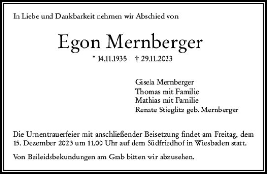 Traueranzeige von Egon Mernberger von Wiesbadener Kurier