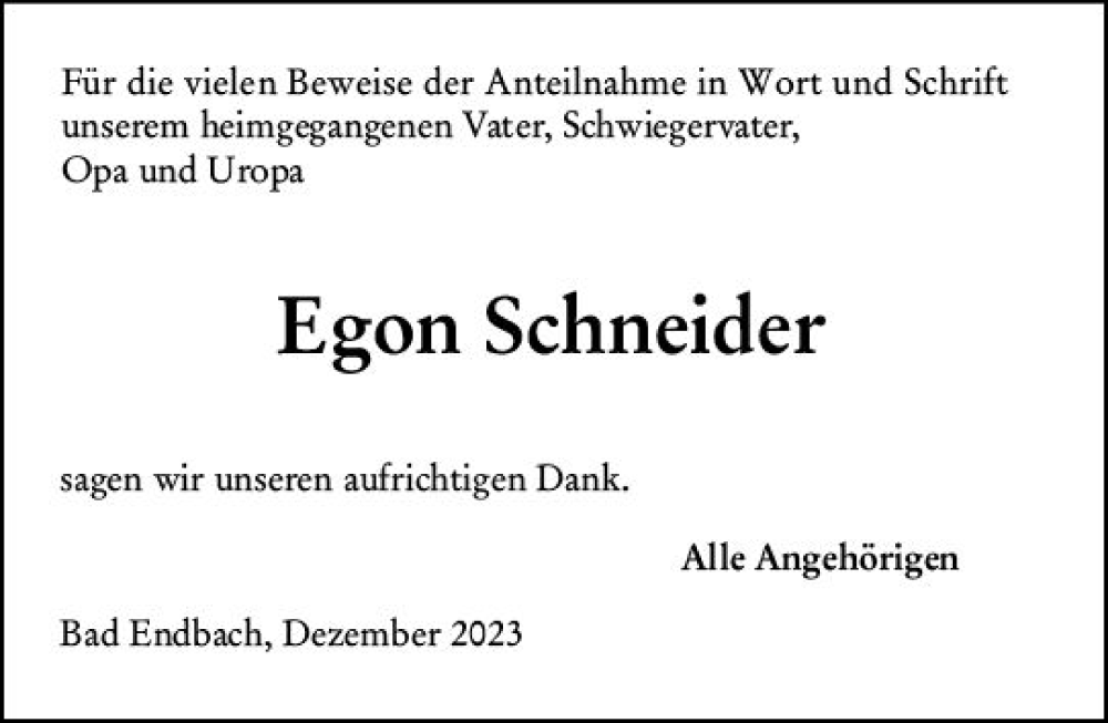  Traueranzeige für Egon Schneider vom 23.12.2023 aus Hinterländer Anzeiger