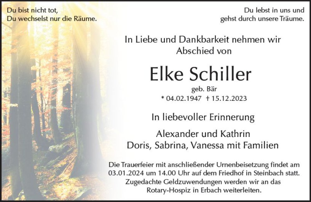  Traueranzeige für Elke Schiller vom 23.12.2023 aus Odenwälder Echo