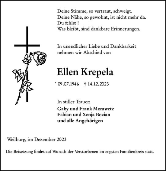Traueranzeige von Ellen Krepela von Weilburger Tageblatt
