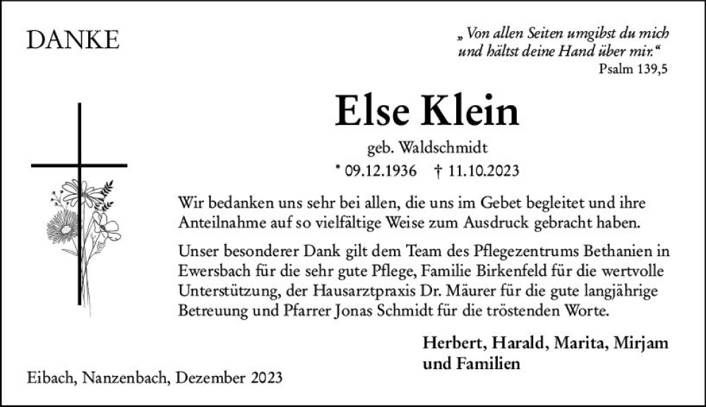  Traueranzeige für Else Klein vom 22.12.2023 aus Dill Block