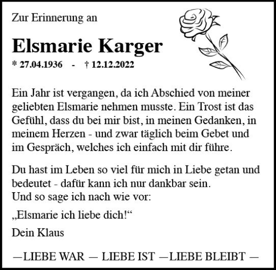 Traueranzeige von Elsmarie Karger von Rheingau Kurier