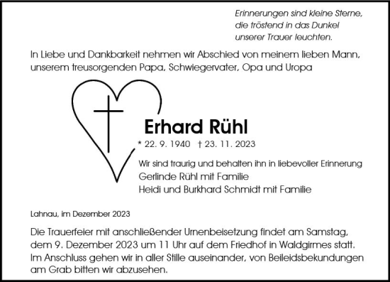 Traueranzeige von Erhard Rühl von Wetzlarer Neue Zeitung