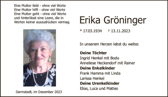 Traueranzeige von Erika Gröninger von Darmstädter Echo