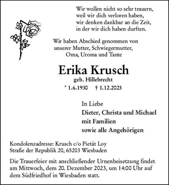 Traueranzeige von Erika Krusch von Wiesbadener Kurier