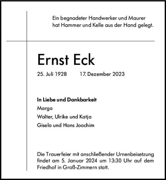 Traueranzeige von Ernst Eck von Dieburger Anzeiger/Groß-Zimmerner Lokal-Anzeiger