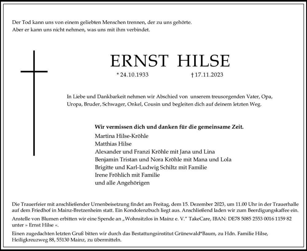 Traueranzeige für Ernst Hilse vom 02.12.2023 aus Allgemeine Zeitung Mainz
