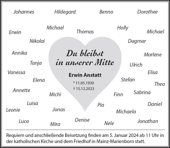Traueranzeige von Erwin Anstatt von Allgemeine Zeitung Mainz